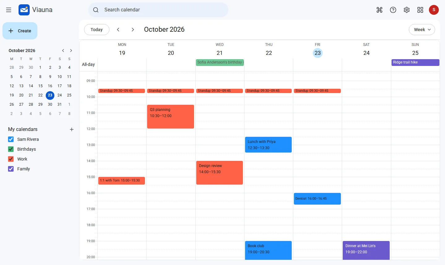 Viauna's calendar in week view, with work, family and birthday calendars shown in different colours.