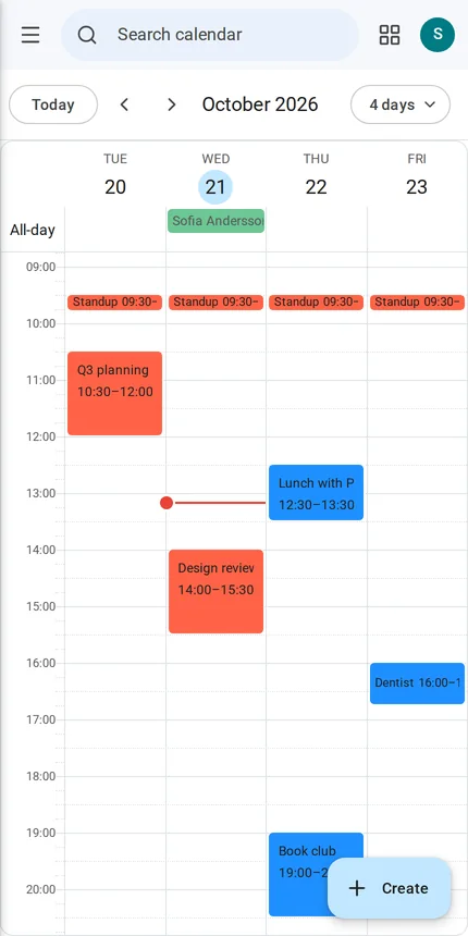 The calendar on a phone, showing four days of events.
